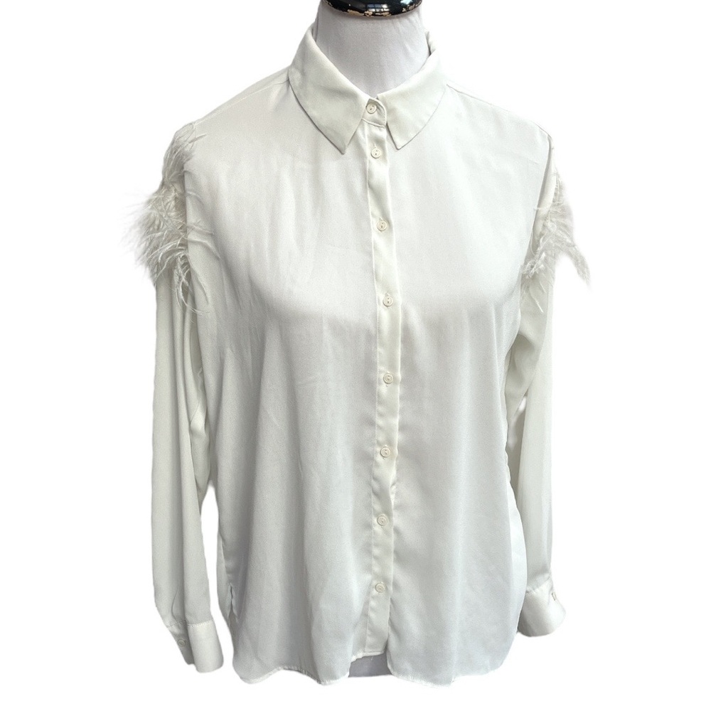 Zara Boa Feather Shoulders Button Down Blouse Off White Size Medium
